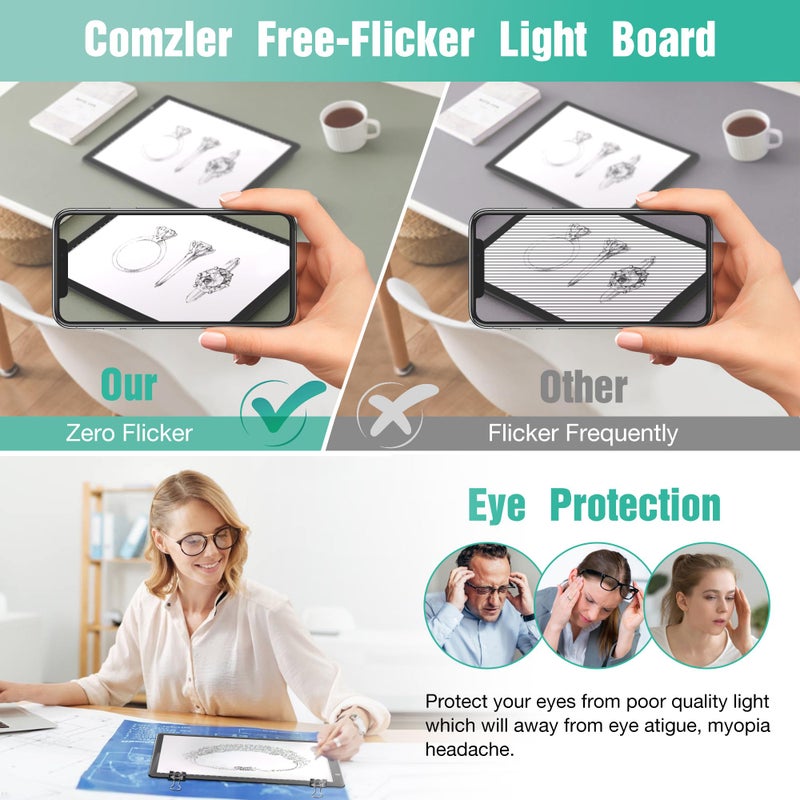 comzler A4 LED Light Board, 3 Level Dimmable Brightness USB Power Artcraft Light Table for Tracing, Light Drawing Sketch Pad for Animation, Sketching, Drawing, Stenciling, Artists - Black - Image 2